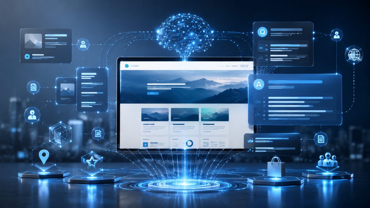 Website, der fører op til en AI-hjerne med spørgsmål, svar og strukturerede data