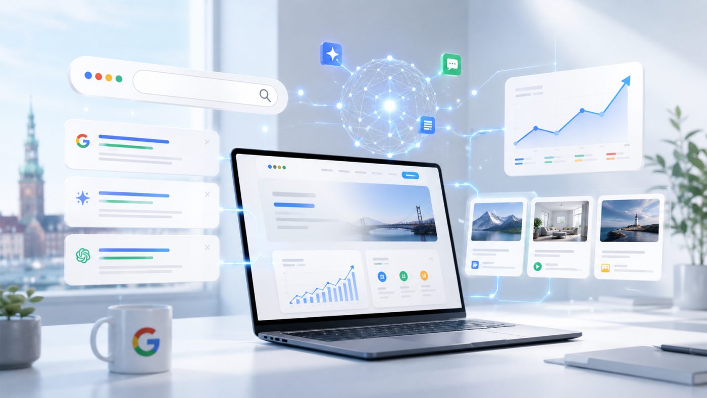 Bærbar computer med Google-søgning, AI-genererede svar og en stigende graf — SEO og GEO samlet ét sted
