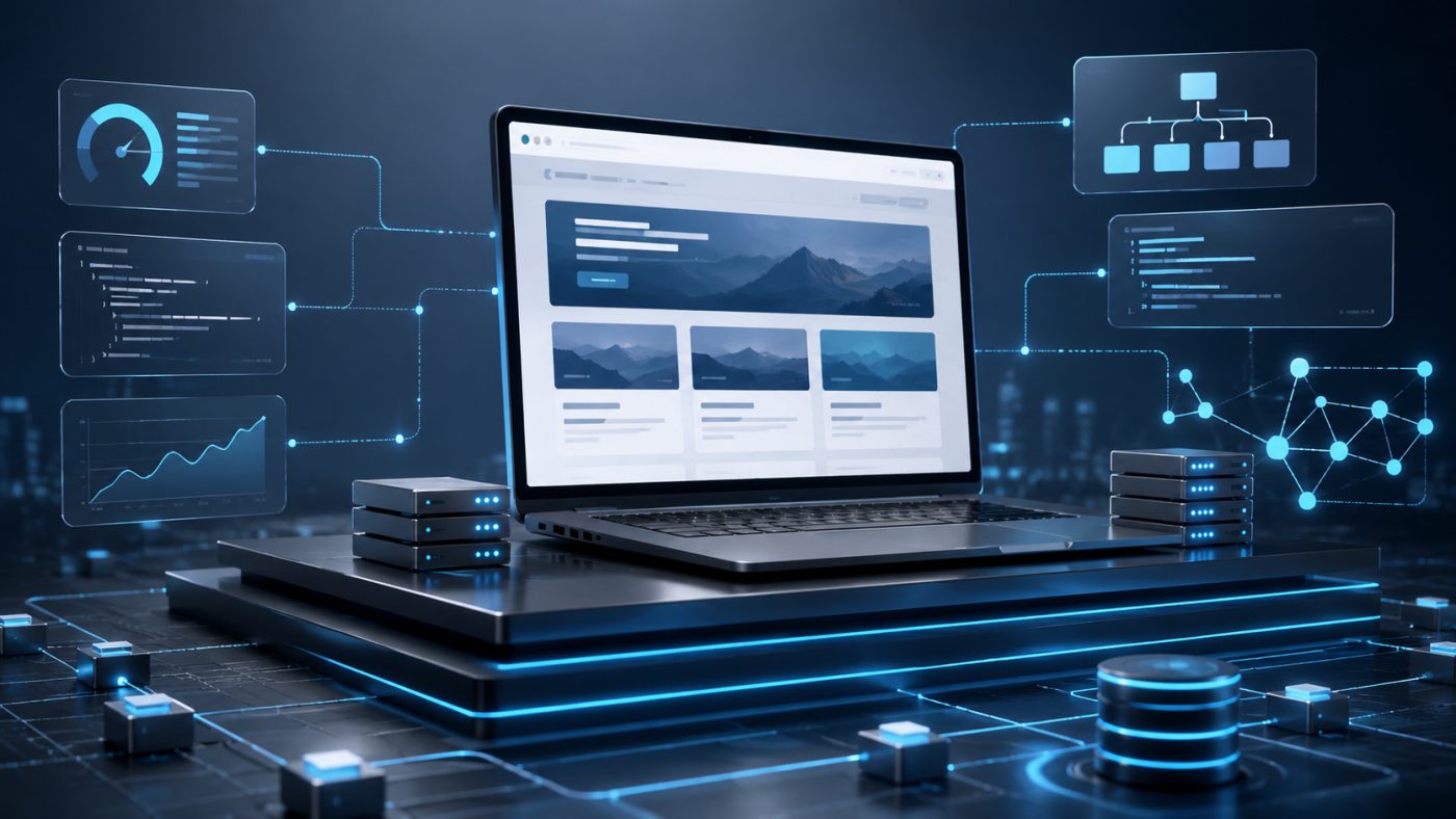 Website forbundet til servere, kode, sitemap-struktur og en performance-måler