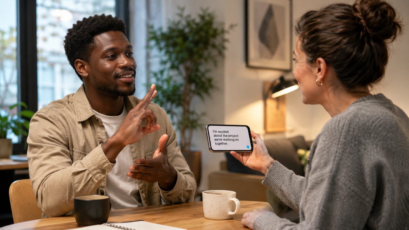 To personer sidder ved et bord med kaffe; den ene bruger tegnsprog, den anden holder en telefon, der viser den oversatte tekst