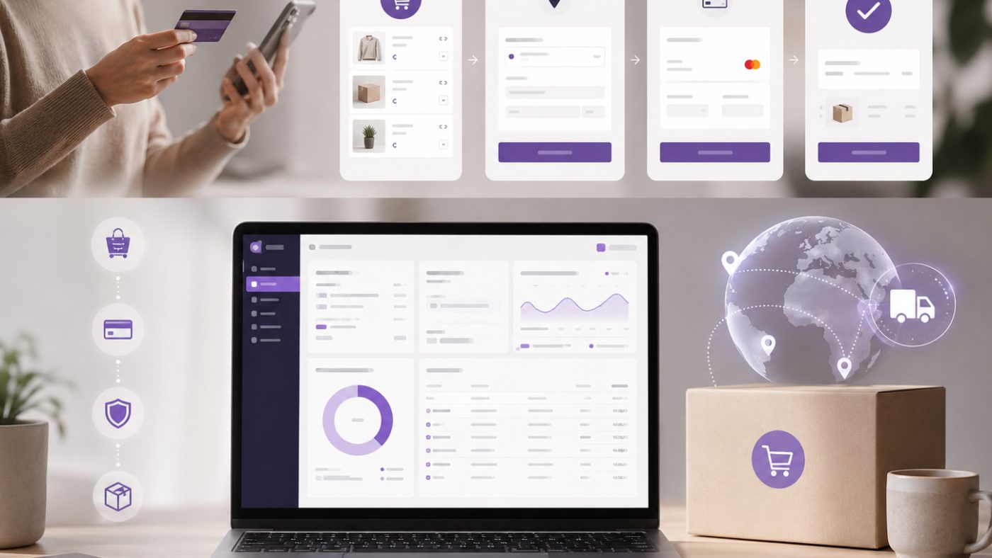 Checkout-flow fra kurv til betaling og bekræftelse, samt fragt og levering